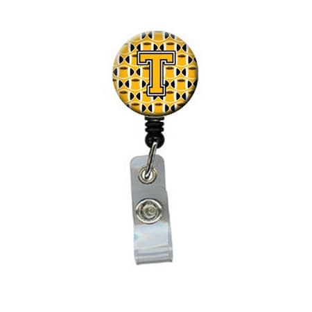 CAROLINES TREASURES Letter T Football Black, Old Gold and White Retractable Badge Reel CJ1080-TBR